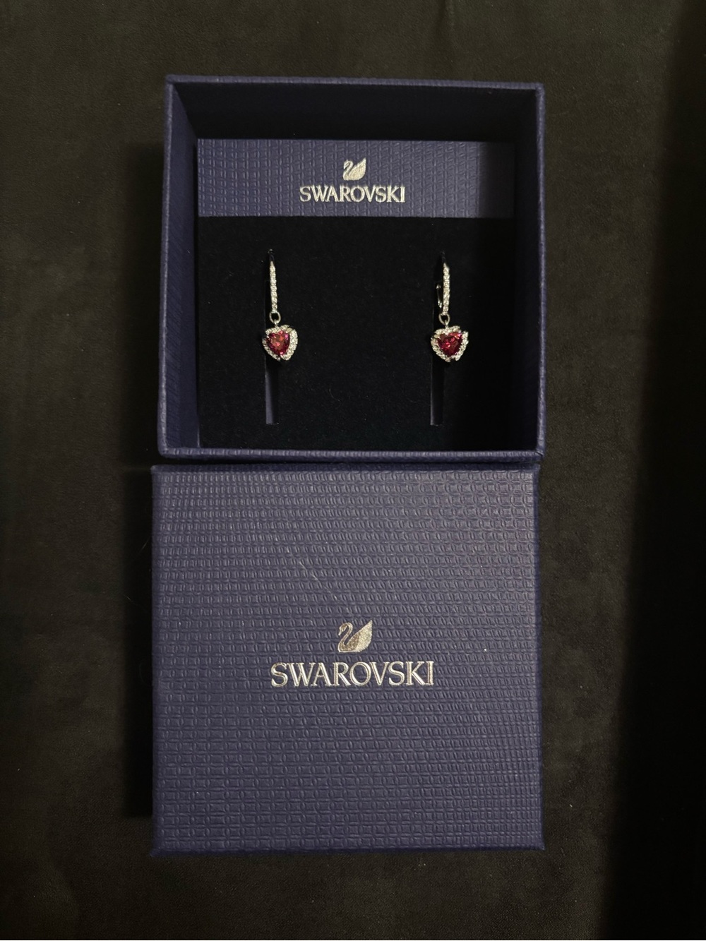 Swarovski Heart Drop Earrings in Red and Clear